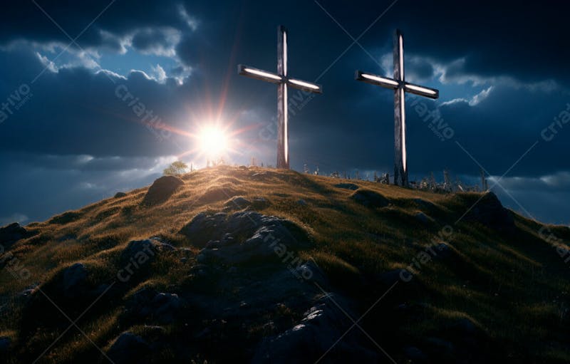 Imagem de cruz no topo da colina com raio solar de um lindo pôr do sol 13