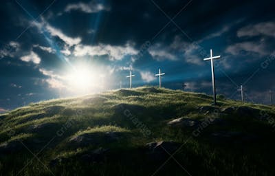 Imagem De Cruz No Topo Da Colina Com Raio Solar De Um Lindo Pôr Do Sol 15