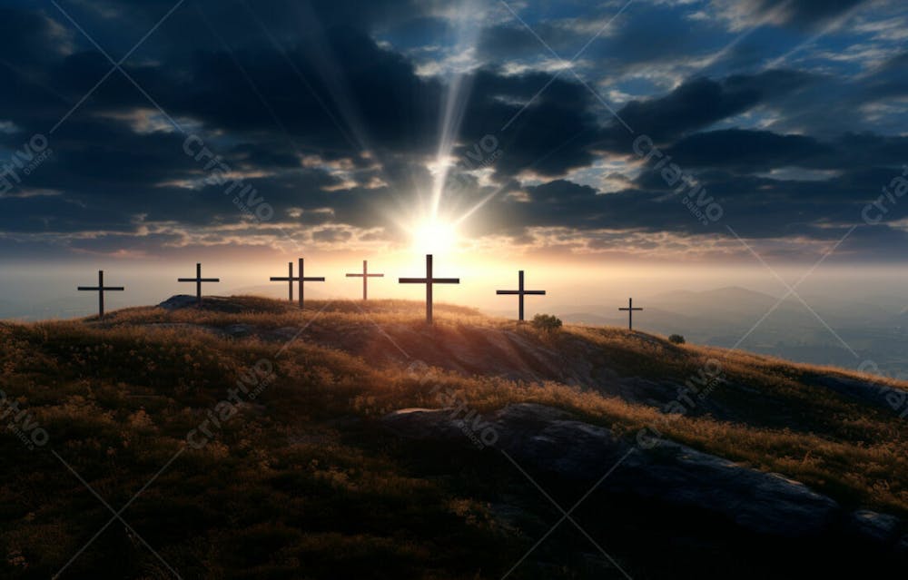 Imagem De Cruz No Topo Da Colina Com Raio Solar De Um Lindo Pôr Do Sol 16