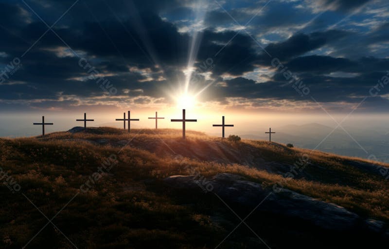 Imagem de cruz no topo da colina com raio solar de um lindo pôr do sol 16