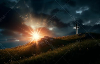 Imagem De Cruz No Topo Da Colina Com Raio Solar De Um Lindo Pôr Do Sol 17