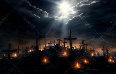 Imagem De Cruz No Topo Da Colina Com Raio Solar De Um Lindo Pôr Do Sol 19
