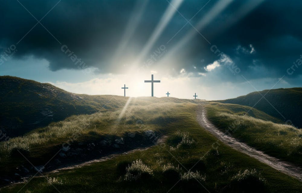 Imagem De Cruz No Topo Da Colina Com Raio Solar De Um Lindo Pôr Do Sol 20