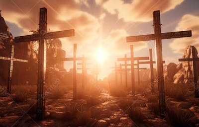 Imagem De Cruz No Topo Da Colina Com Raio Solar De Um Lindo Pôr Do Sol 21