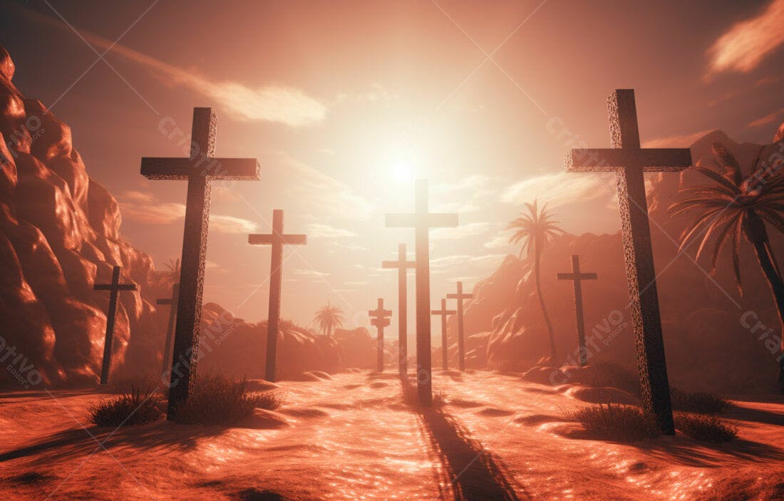 Cruzes em deserto ao entardecer