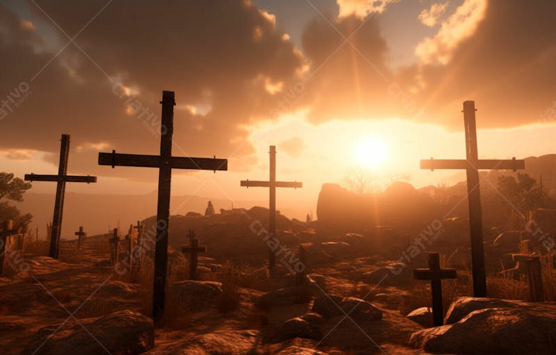 Imagem de cruz no topo da colina com raio solar de um lindo pôr do sol 32
