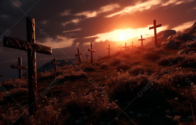 Imagem de cruz no topo da colina com raio solar de um lindo pôr do sol 37