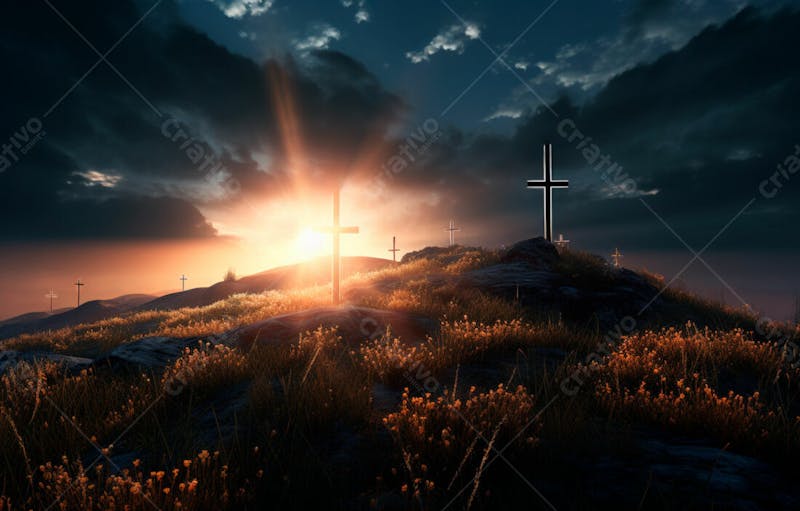 Imagem de cruz no topo da colina com raio solar de um lindo pôr do sol 38
