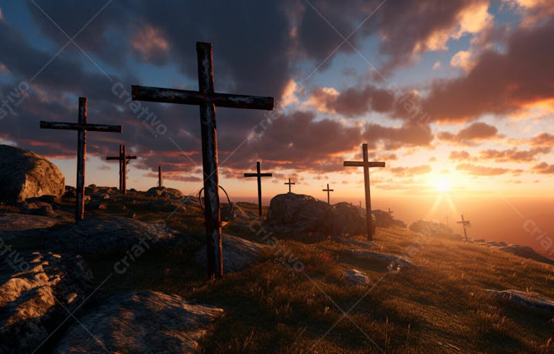 Imagem de cruz no topo da colina com raio solar de um lindo pôr do sol 52