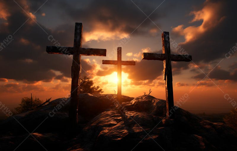 Imagem de cruz no topo da colina com raio solar de um lindo pôr do sol 58