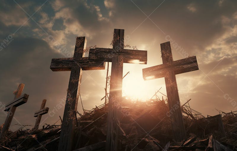 Imagem de cruz no topo da colina com raio solar de um lindo pôr do sol 61