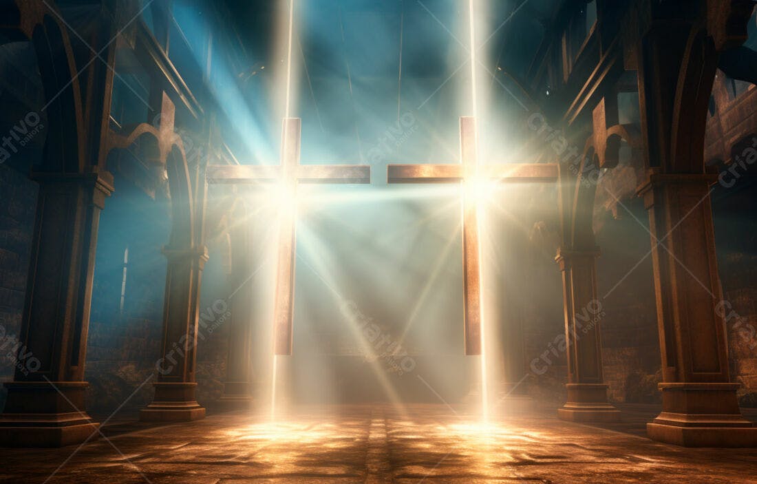 Duas cruzes iluminadas em igreja antiga