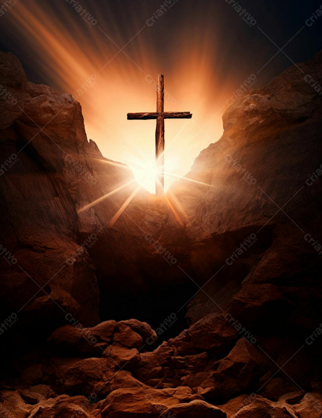 Cruz de madeira em fenda rochosa ao nascer do sol