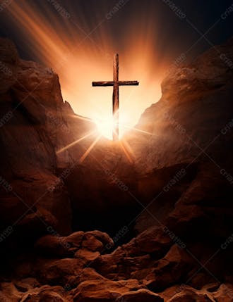 Uma cruz em uma caverna com um por do sol ao fundo 1