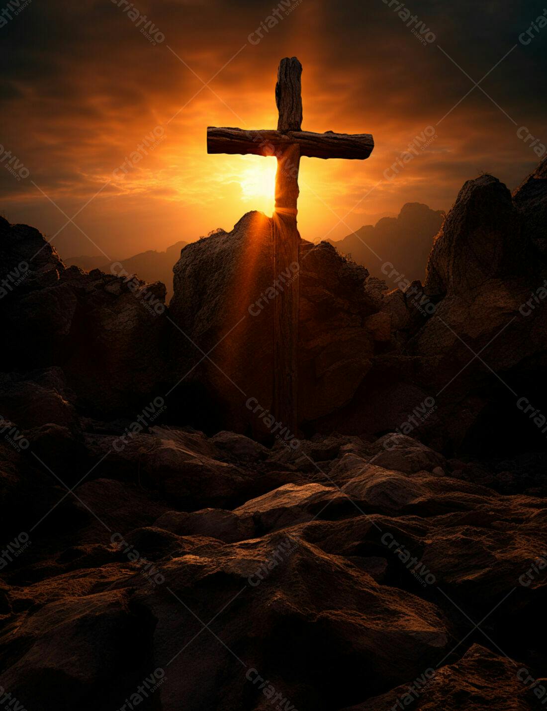 Cruz de madeira ao pôr do sol montanhoso