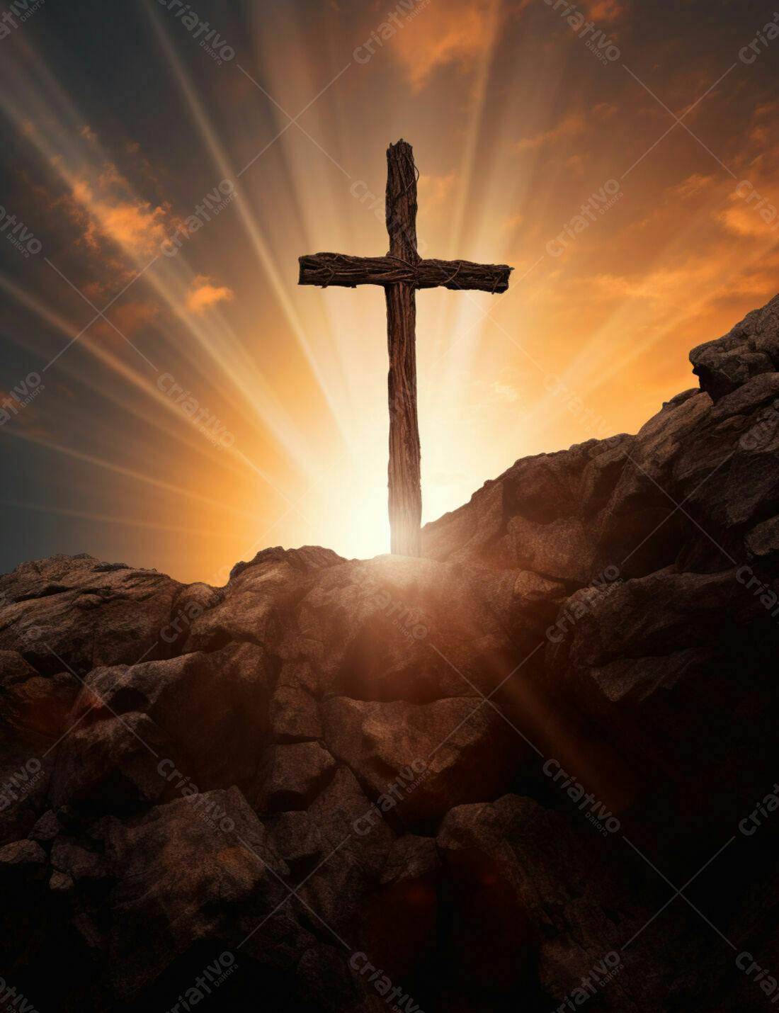 Cruz de madeira em montanha ao pôr do sol
