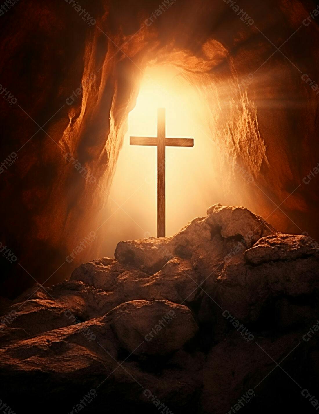 Cruz de madeira em caverna iluminada