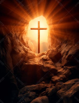 Uma cruz em uma caverna com um por do sol ao fundo 7