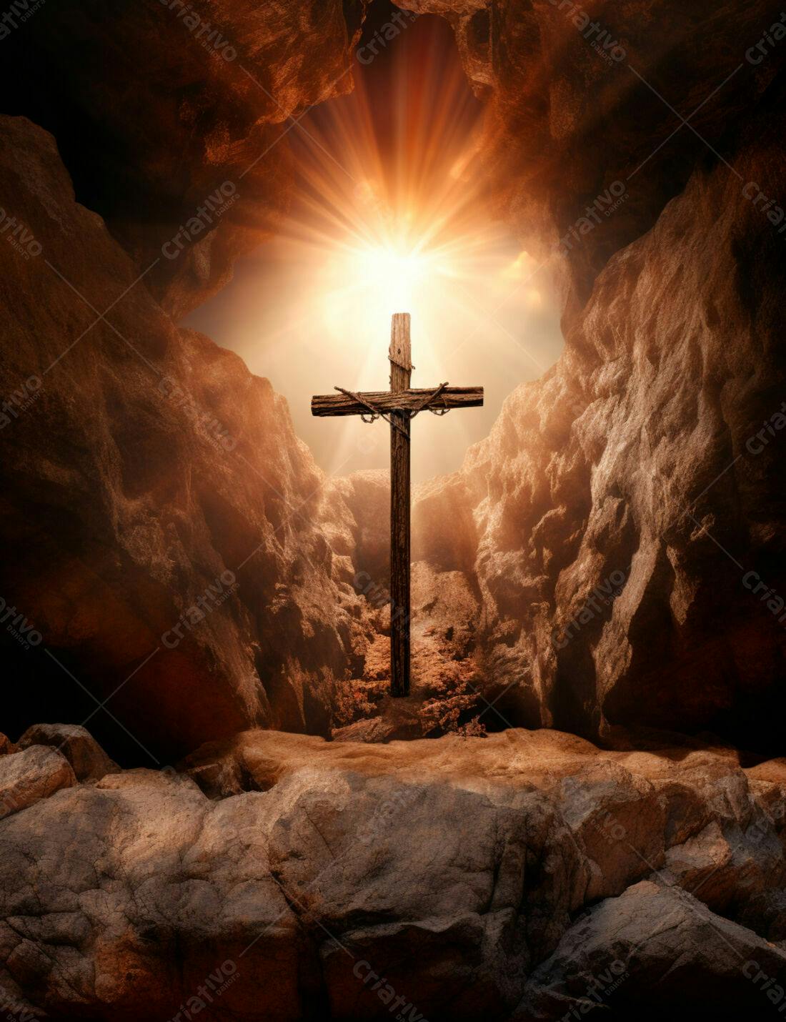 Cruz de madeira em caverna rochosa iluminada