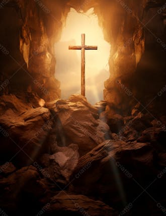Uma cruz em uma caverna com um por do sol ao fundo 9