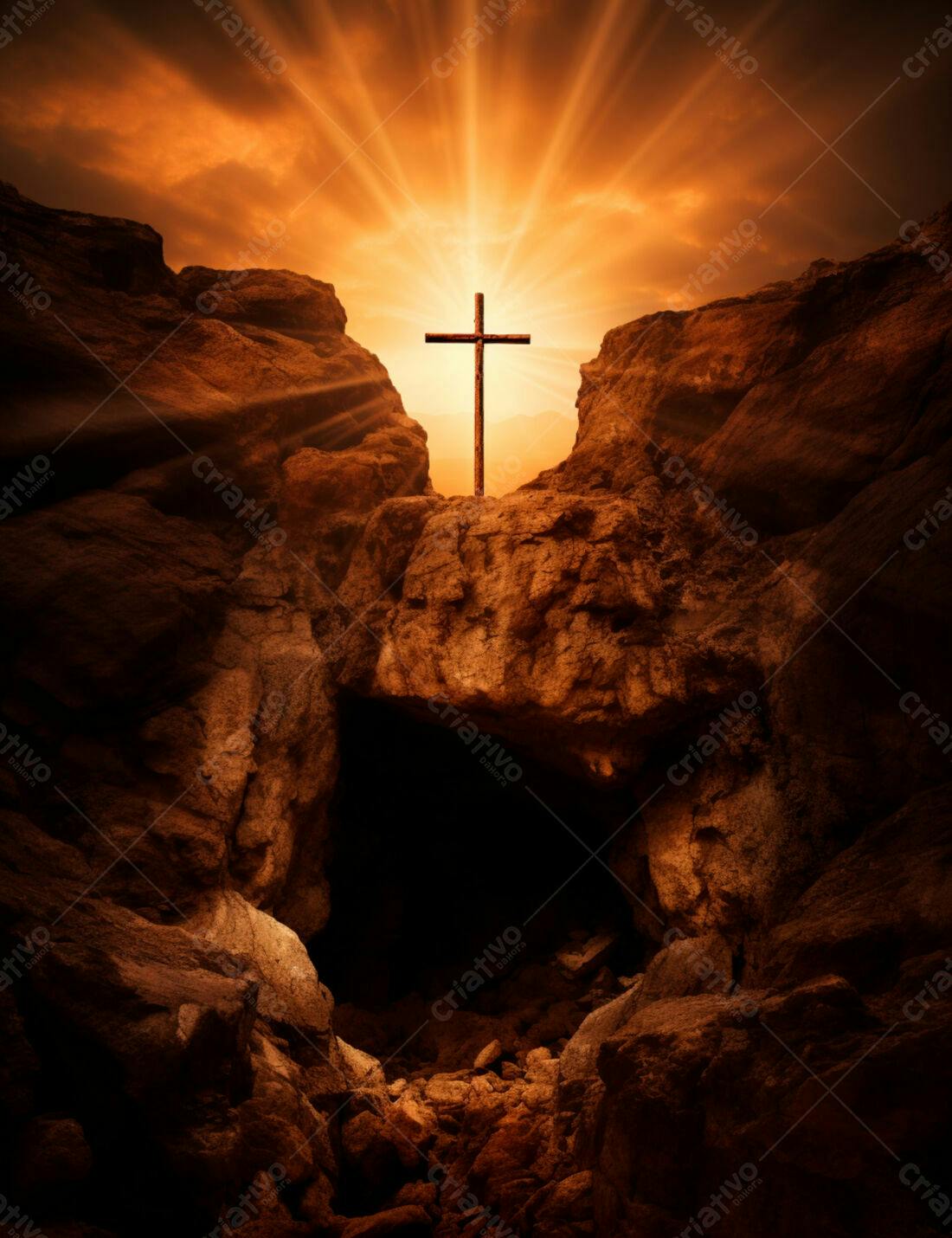 Cruz na montanha ao pôr do sol