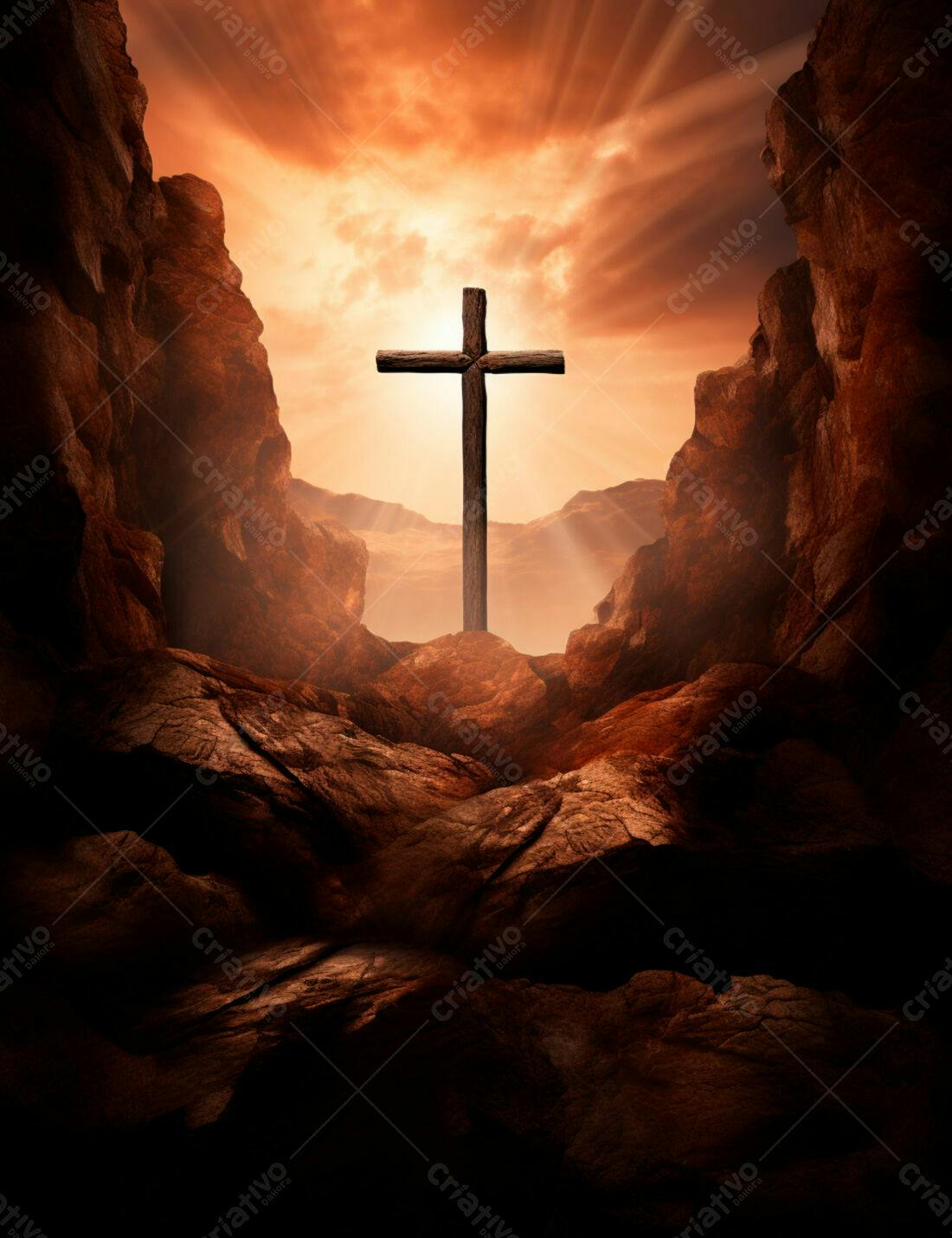 Cruz de madeira em cânion ao entardecer