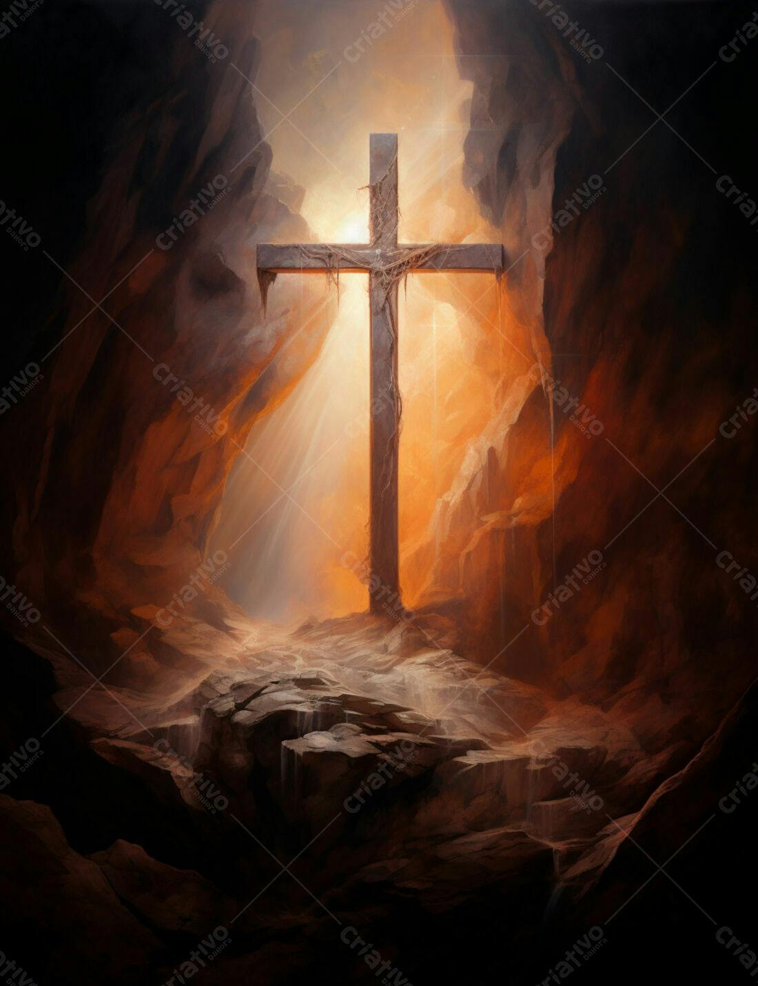 Cruz de madeira em caverna iluminada