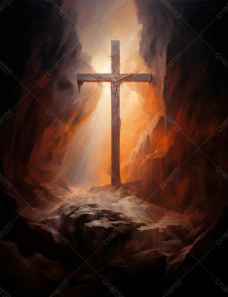 Uma cruz em uma caverna com um por do sol ao fundo 13