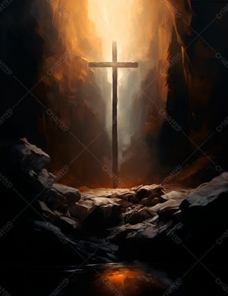 Uma cruz em uma caverna com um por do sol ao fundo 14