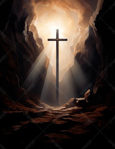 Uma Cruz Em Uma Caverna Com Um Por Do Sol Ao Fundo 15