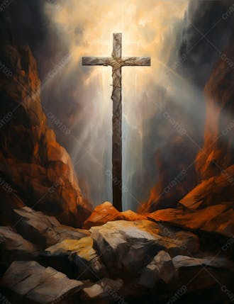 Uma cruz em uma caverna com um por do sol ao fundo 16