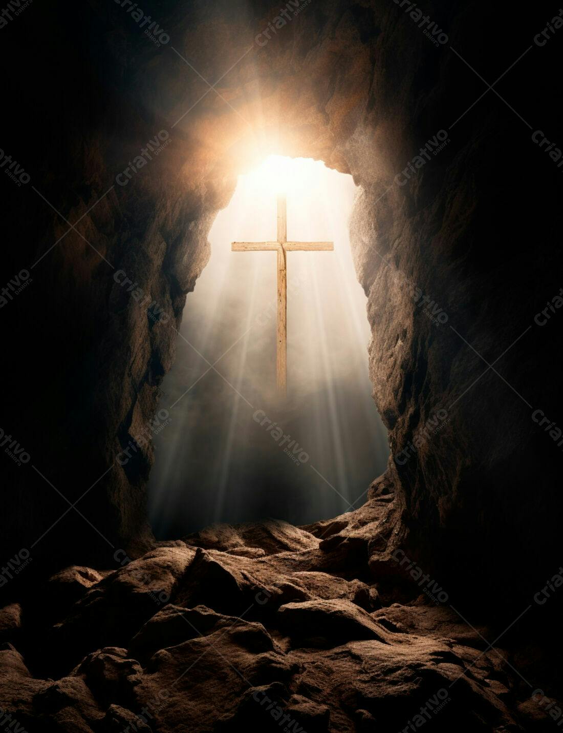 Cruz de madeira em caverna iluminada