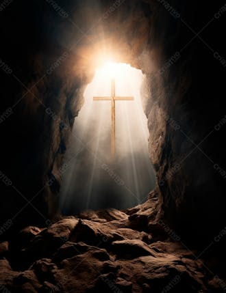 Uma cruz em uma caverna com um por do sol ao fundo 17