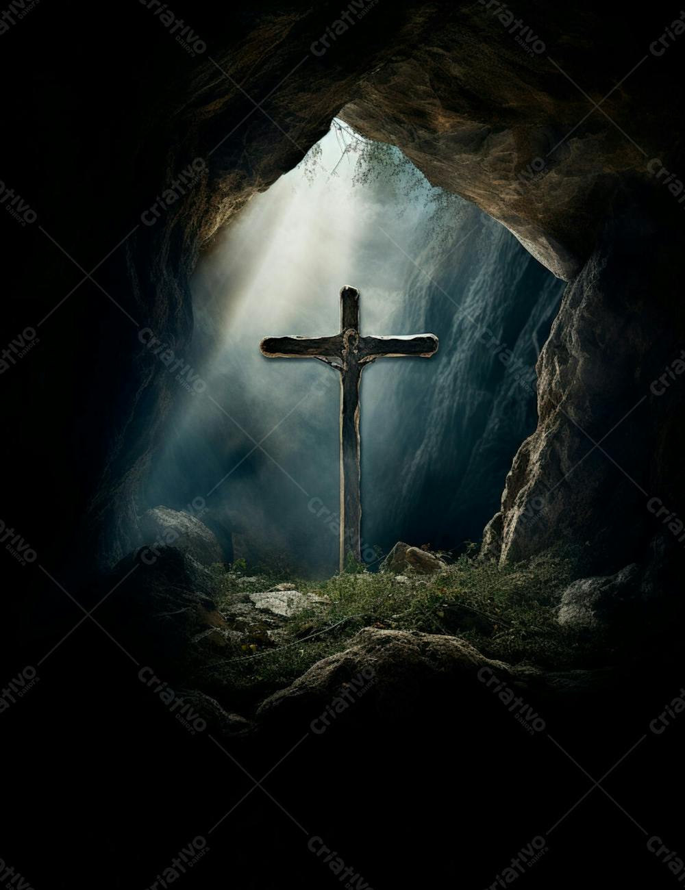 Uma Cruz Em Uma Caverna Com Um Por Do Sol Ao Fundo 18