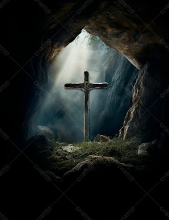 Uma cruz em uma caverna com um por do sol ao fundo 18