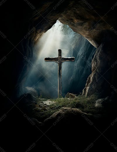 Uma Cruz Em Uma Caverna Com Um Por Do Sol Ao Fundo 18