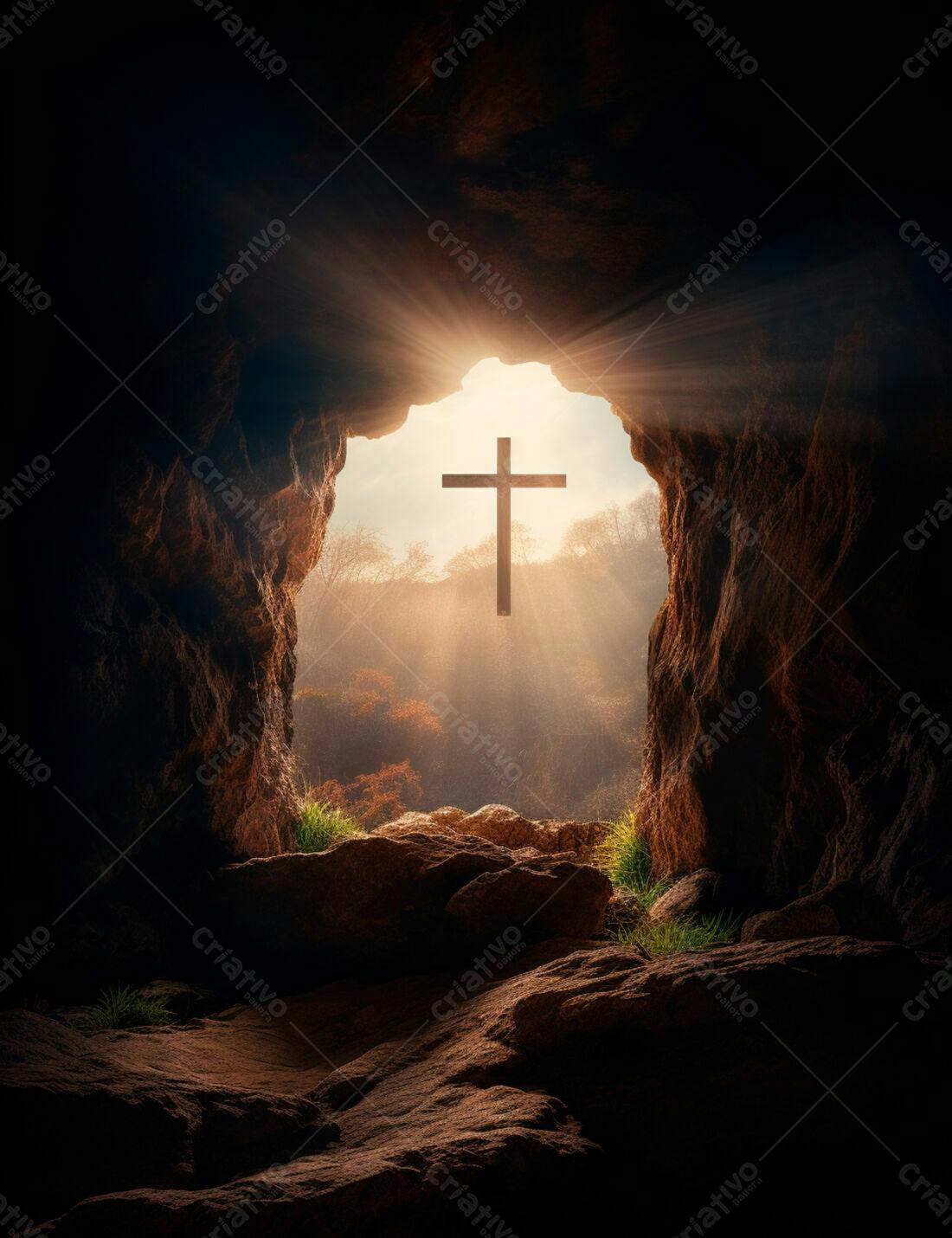 Cruz iluminada na entrada de um túmulo