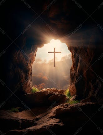 Uma cruz em uma caverna com um por do sol ao fundo 19