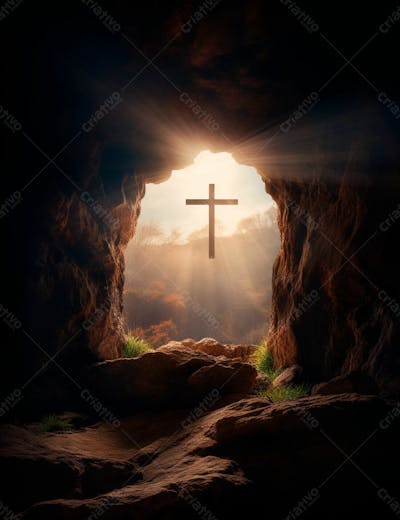 Uma Cruz Em Uma Caverna Com Um Por Do Sol Ao Fundo 19