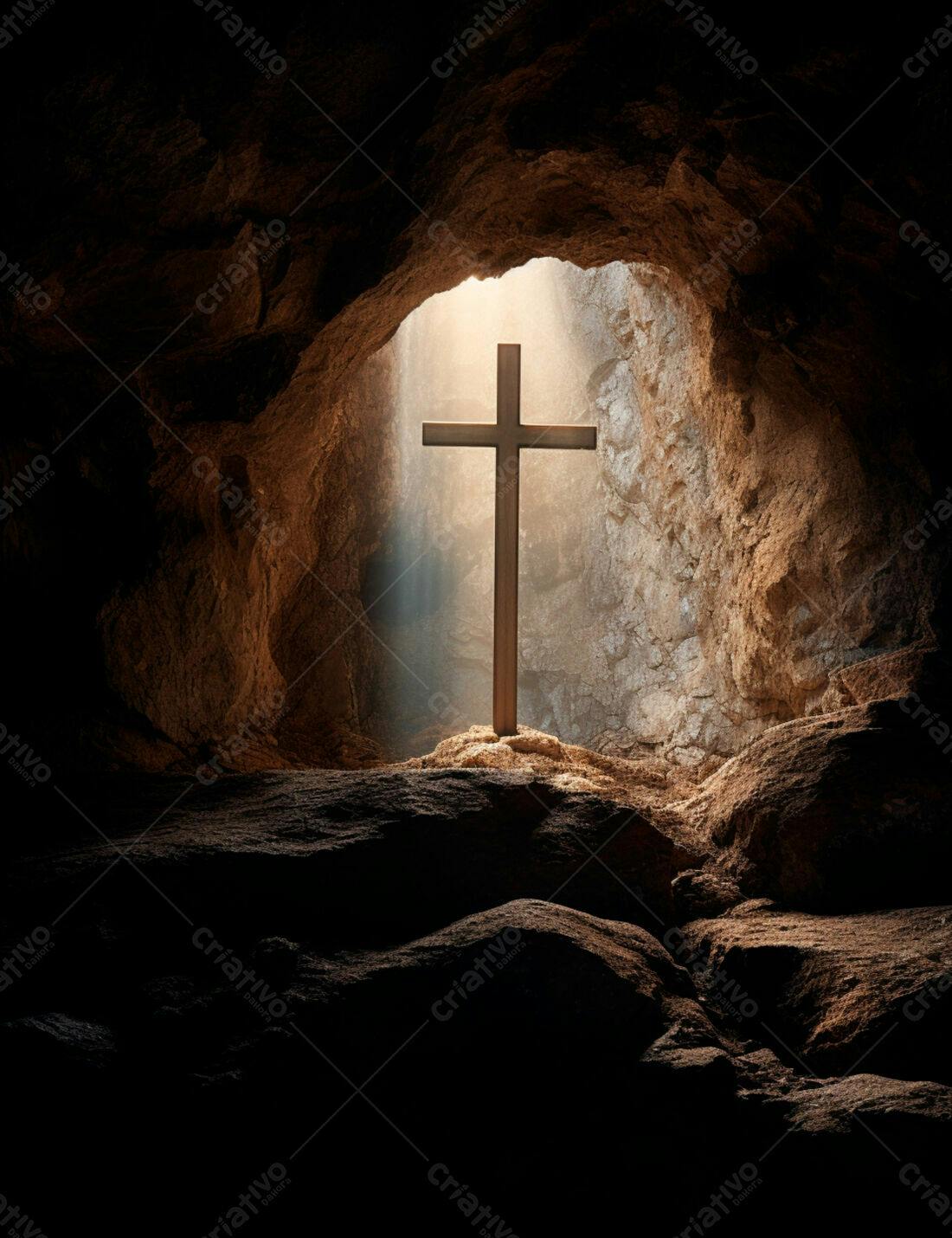 Cruz de madeira em caverna iluminada