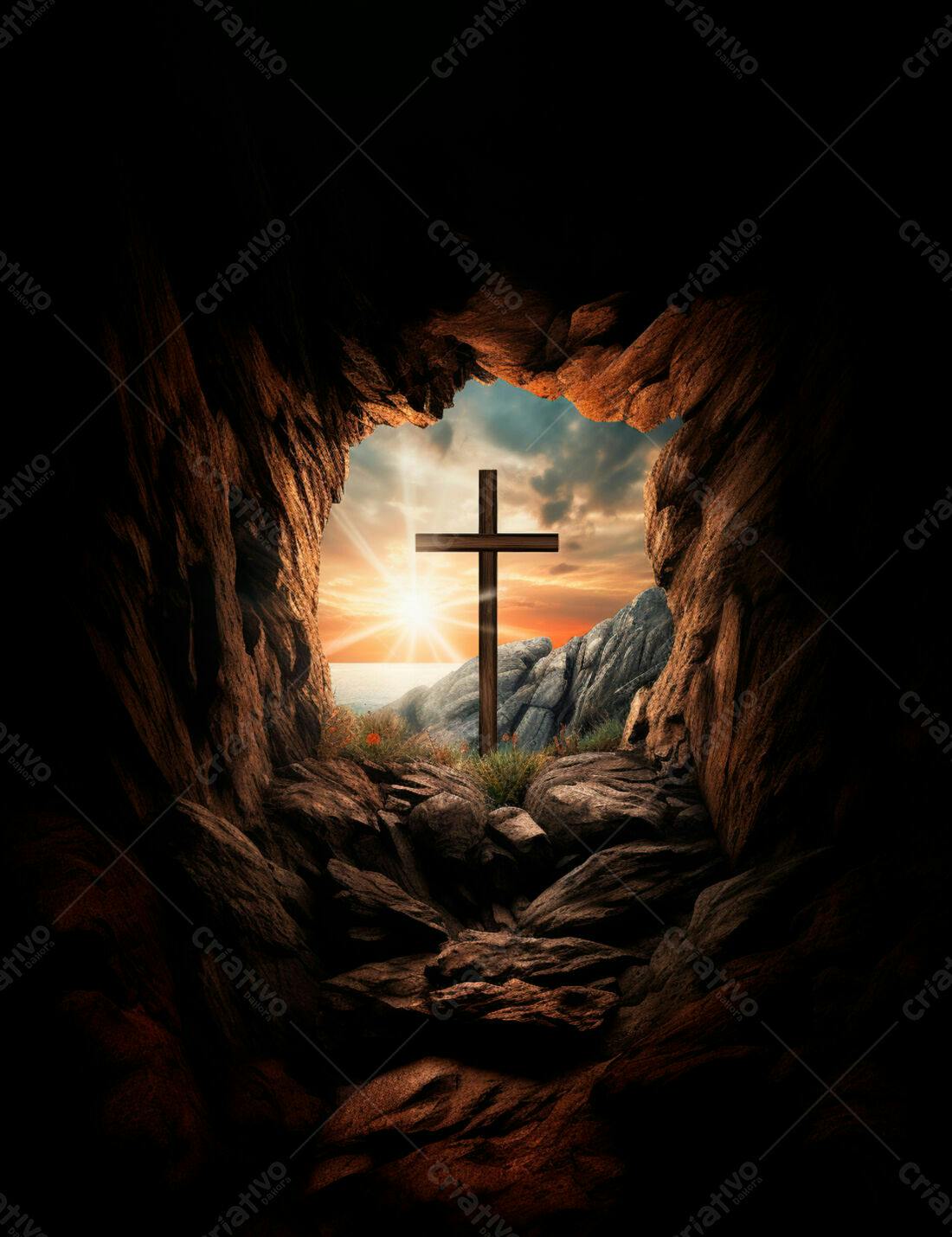 Cruz na entrada de uma caverna ao pôr do sol