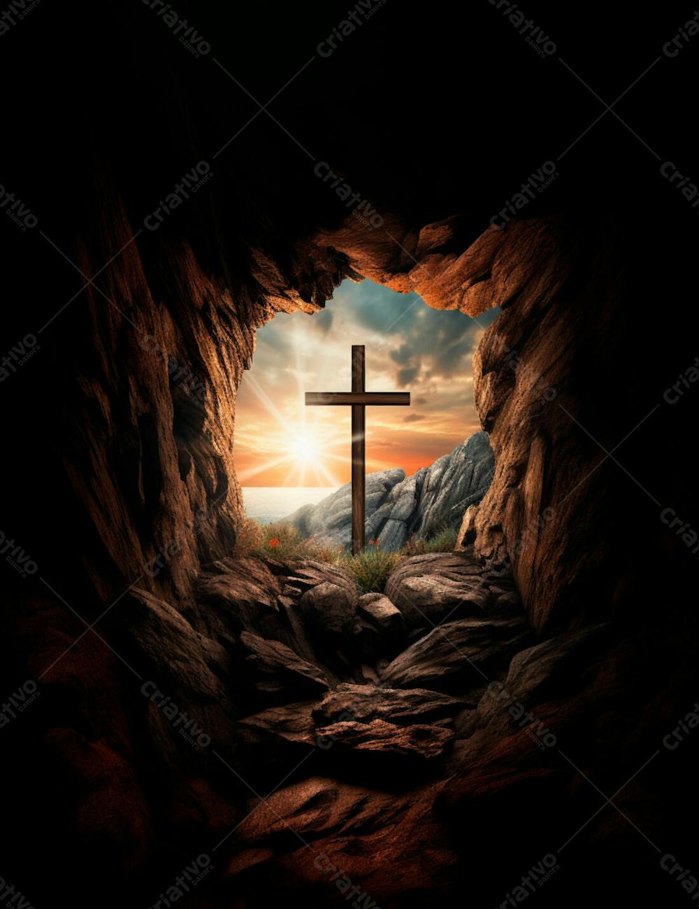 Uma Cruz Em Uma Caverna Com Um Por Do Sol Ao Fundo 21