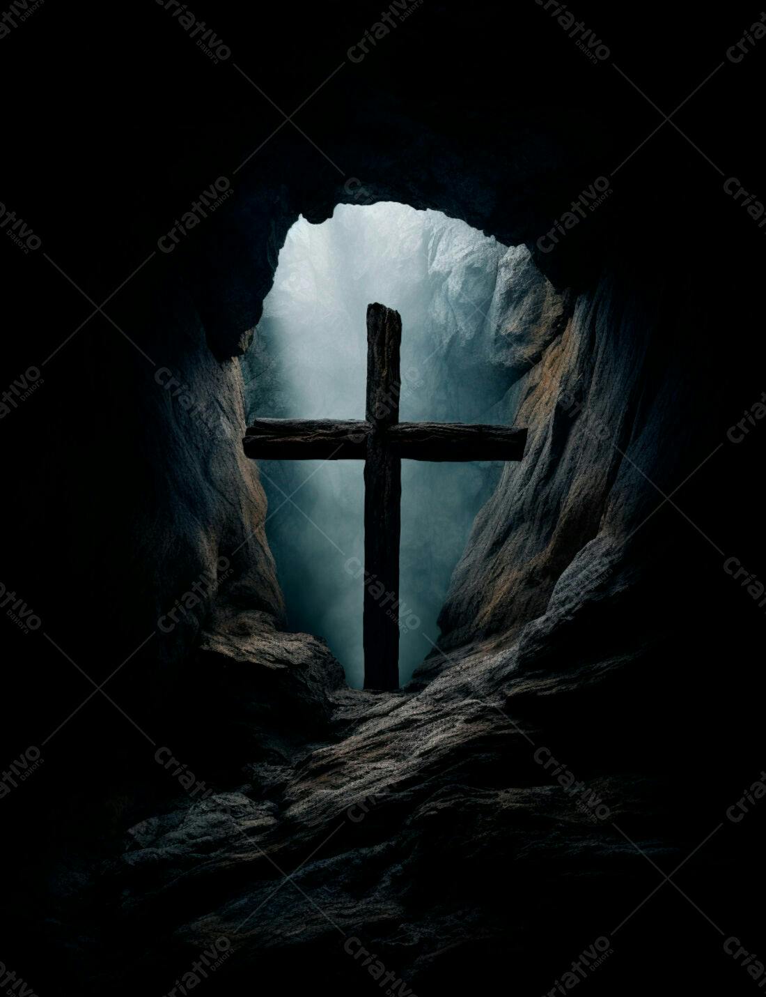 Cruz de madeira em caverna escura