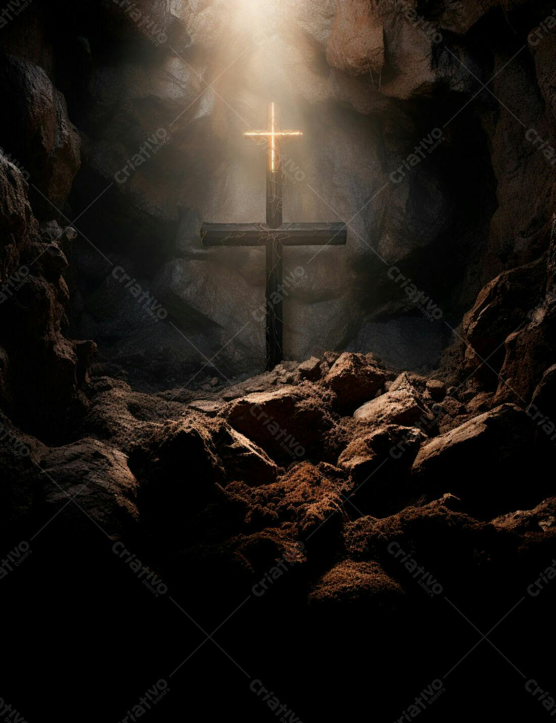 Cruz de madeira em caverna rochosa