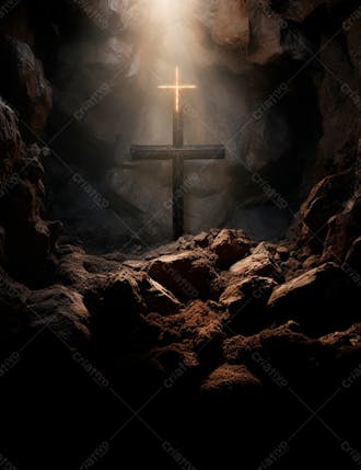 Uma cruz em uma caverna com um por do sol ao fundo 23