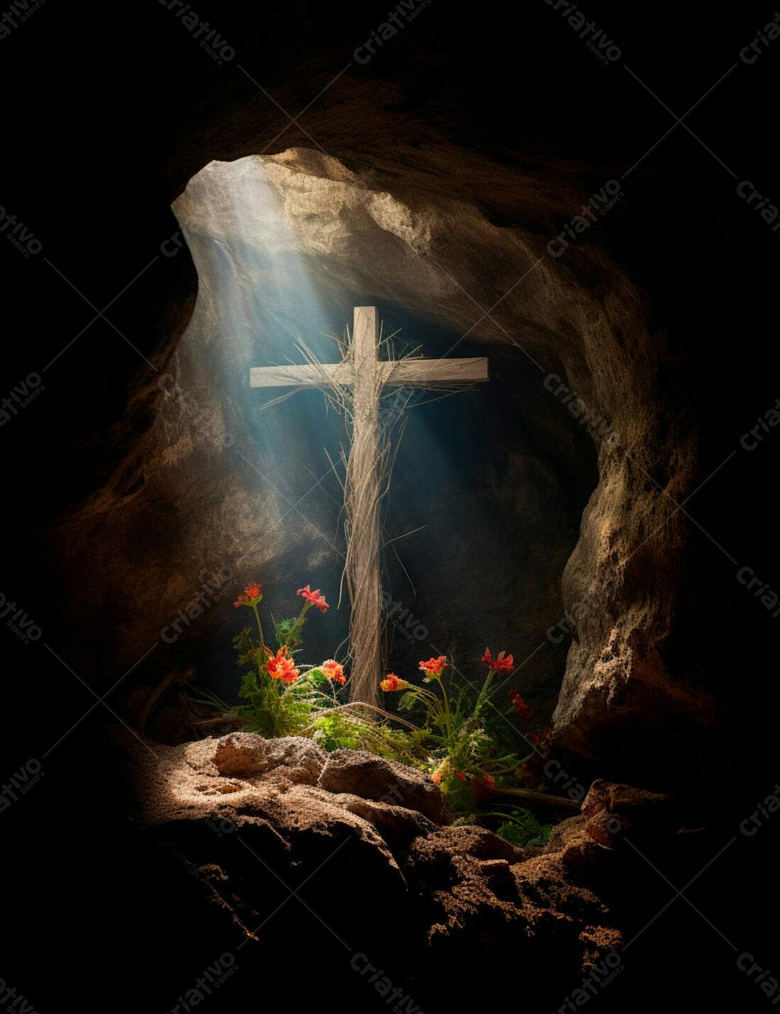 Cruz de madeira em gruta iluminada