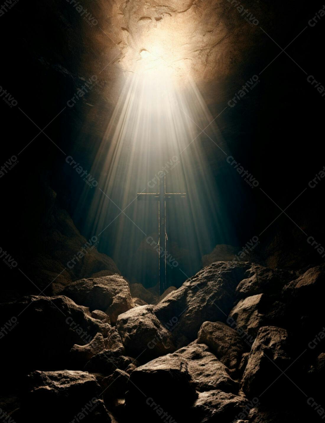 Cruz em caverna rochosa iluminada