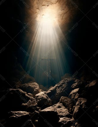Uma cruz em uma caverna com um por do sol ao fundo 25