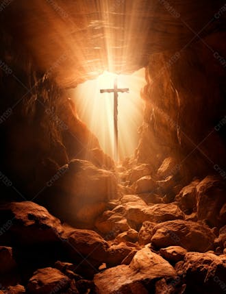 Uma cruz em uma caverna com um por do sol ao fundo 26