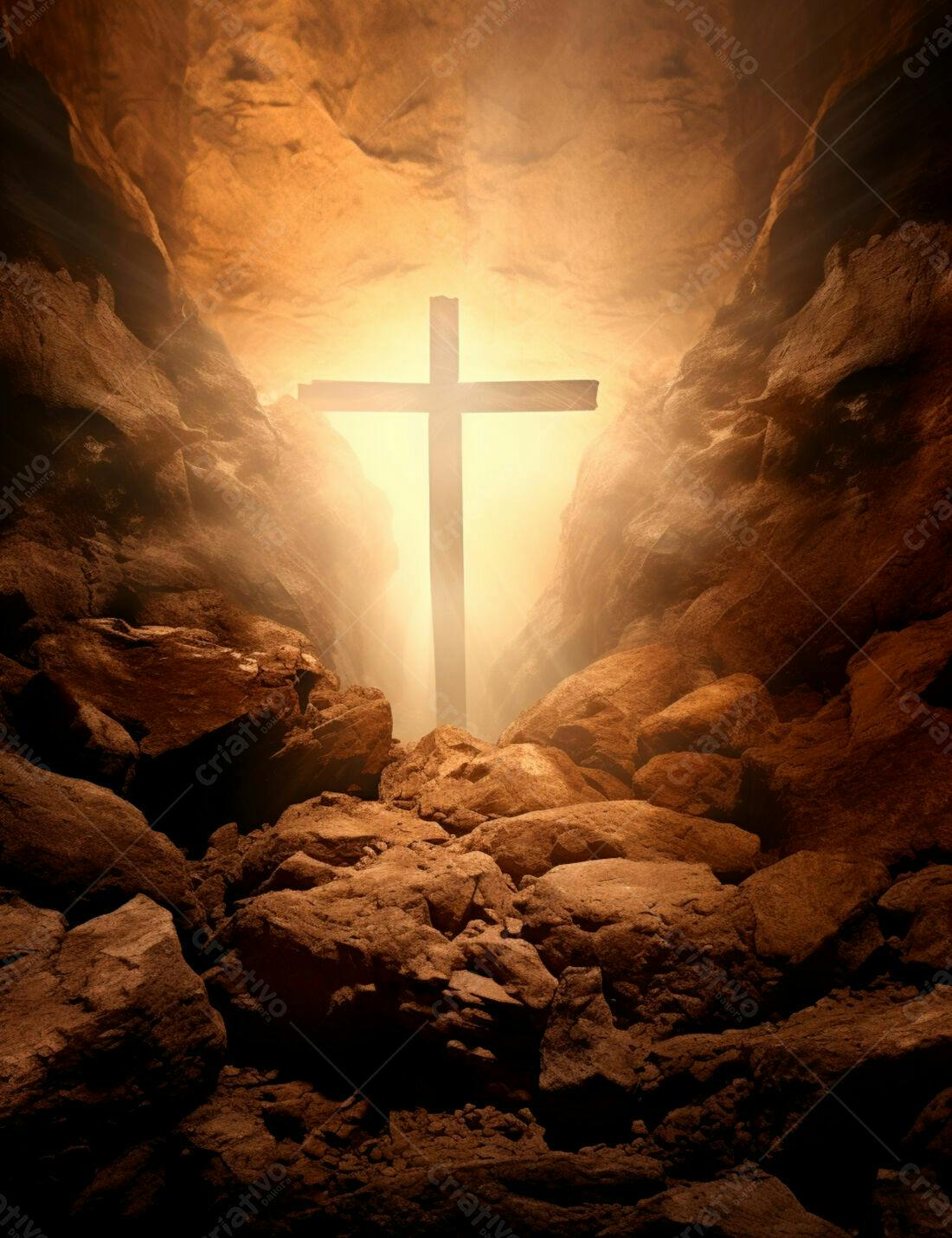 Cruz de madeira em caverna iluminada